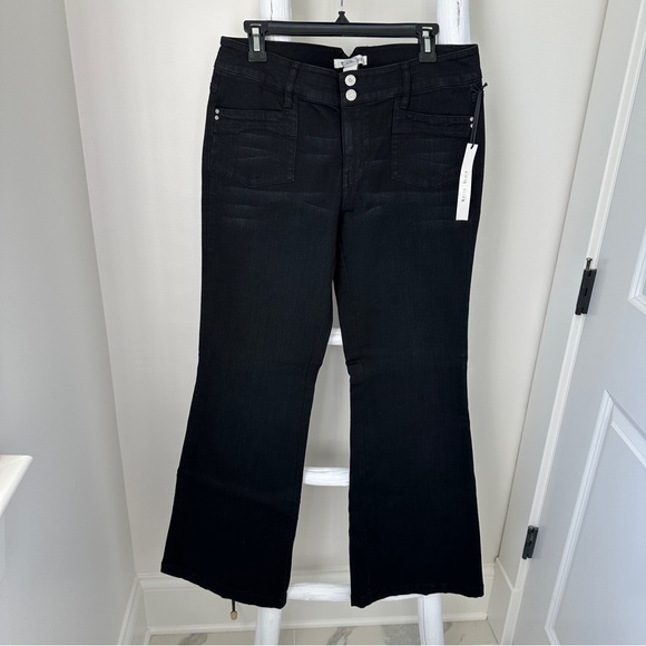 White House Black Market Flare Black Denim Trousers Pocket Front Size 10 - Picture 1 of 13
